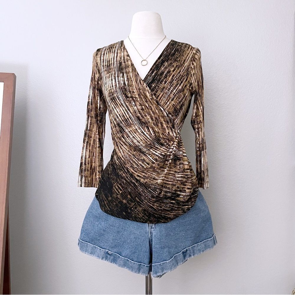 Tan and Black Faux Wrap Top